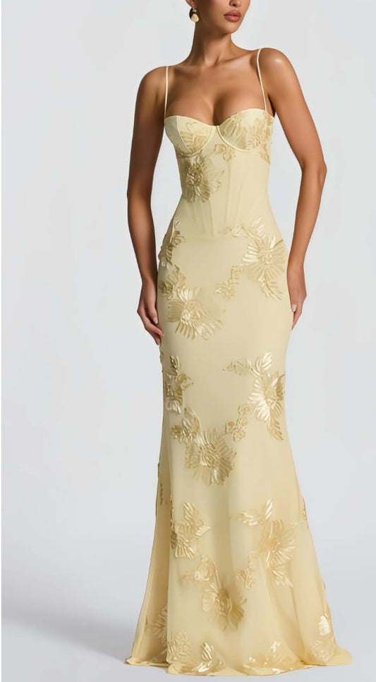 Théoline Yellow Floral Jacquard Corset Maxi Dress