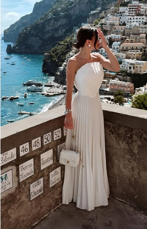 Carlotta White Shell Pleated Maxi Dress