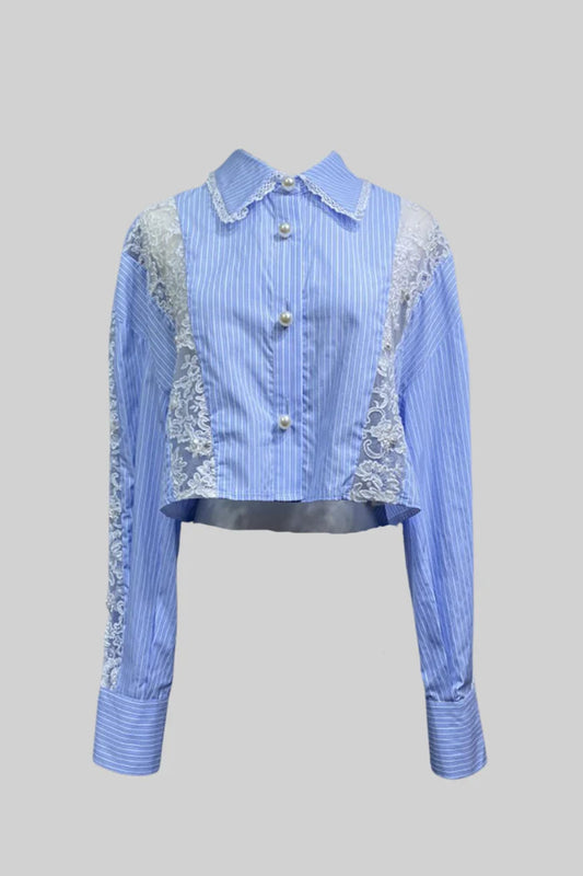 Cropped Striped Shirt with Lace Panels - Blue