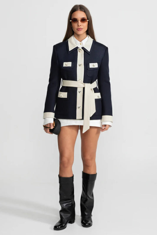 Two-Tone Tweed Jacket With Contrast Trim and Waist Belt – Navy