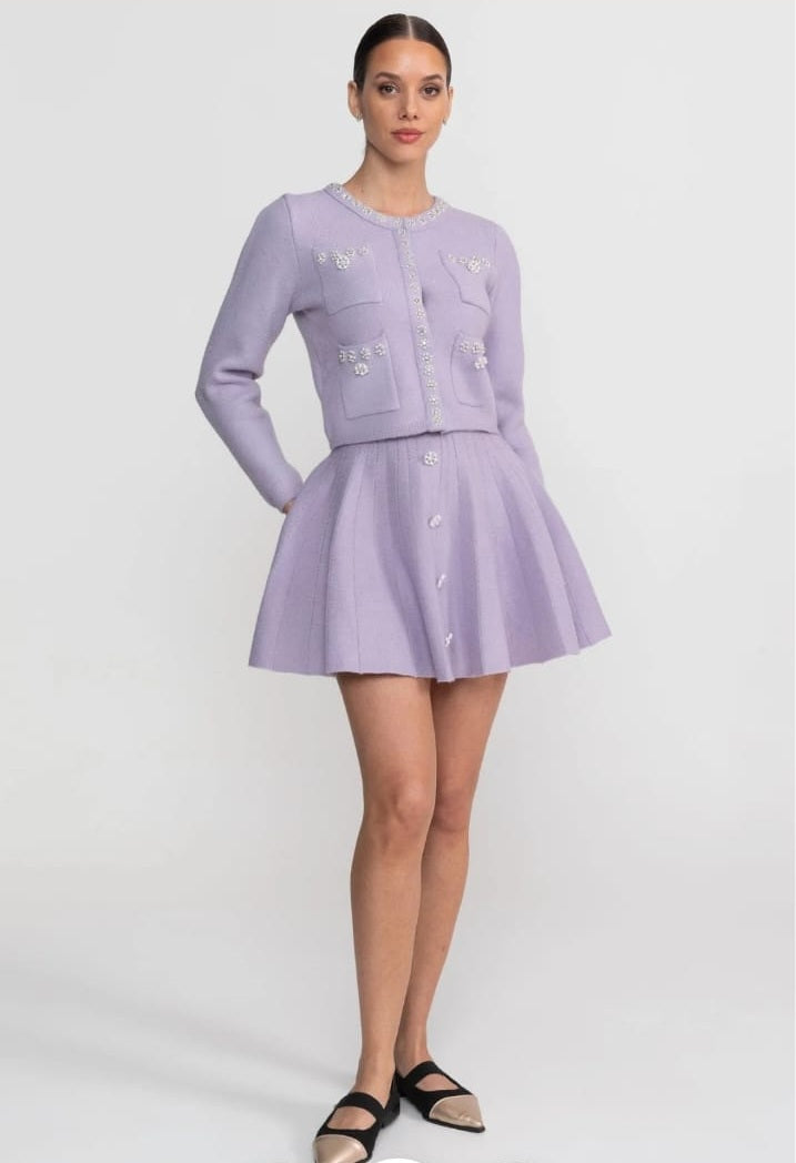 Knit Co-Ord Set With Long Sleeve Cardigan And Matching Mini Skirt - Lilac