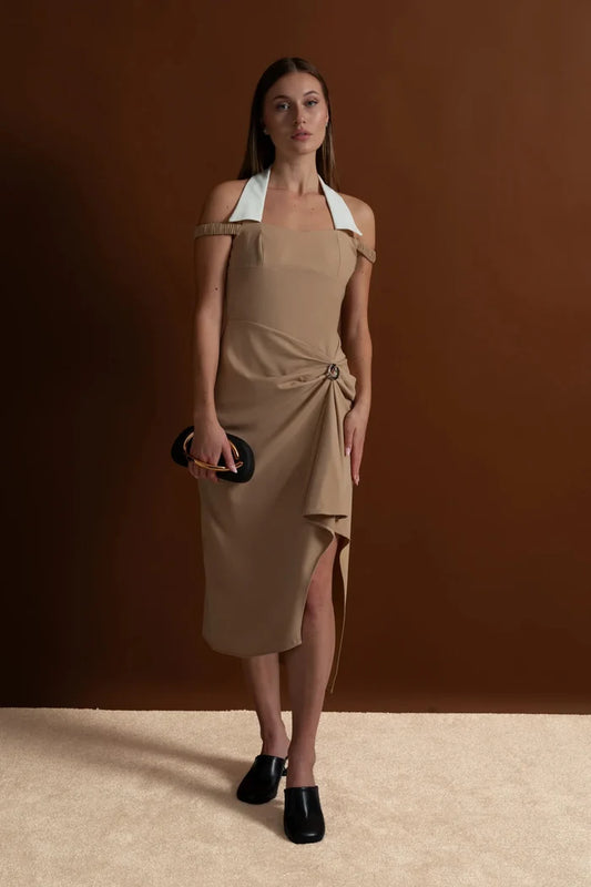 Draped Halter Midi Dress With Asymmetric Drape Detail – Nude