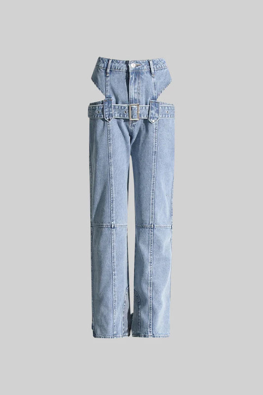 Cut Out Wide Leg Jeans with Buckle - Blue