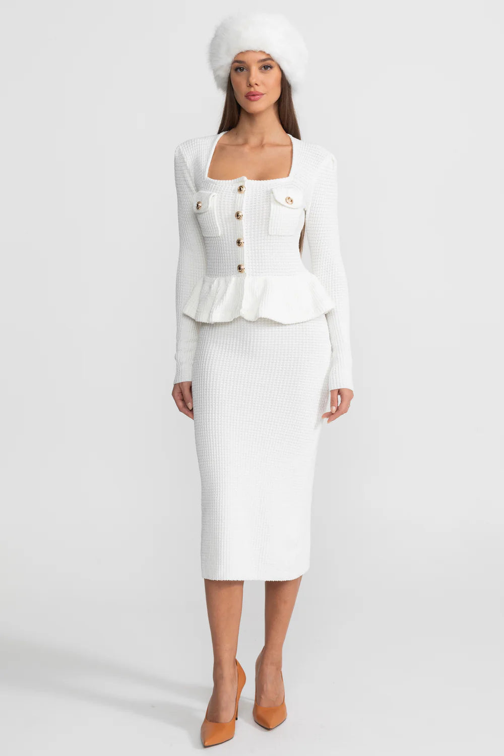 Textured Knit Dress with Peplum Waist and Gold Buttons - White