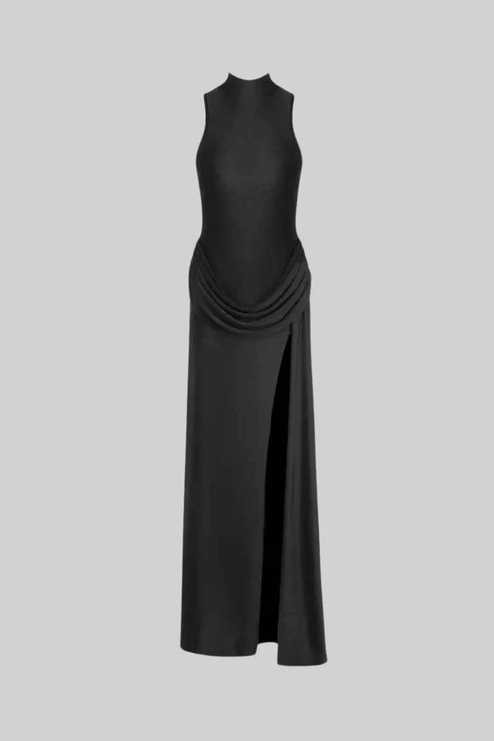 Sleeveless Maxi Dress with Draped Waist and Side Slit - Black