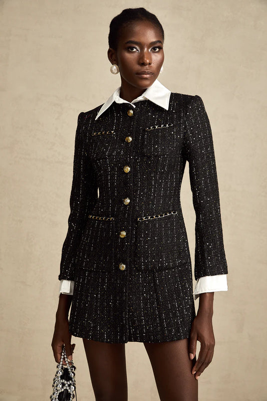 Audrey Black Sequin Bourniture en tweed mini robe