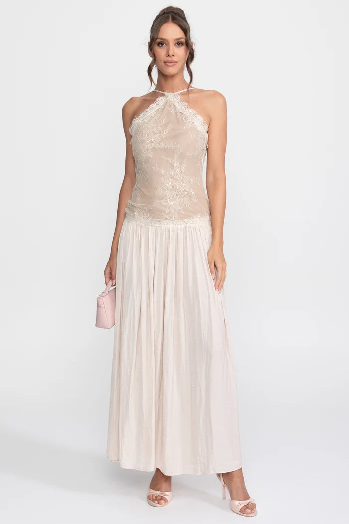 Lace Halter Sleeveless Maxi Dress With Pleated Skirt - Cream