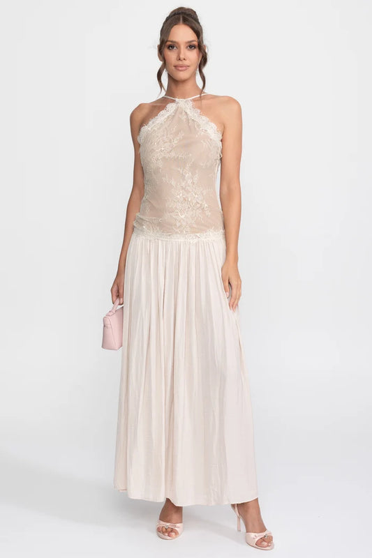Lace Halter Sleeveless Maxi Dress With Pleated Skirt - Cream