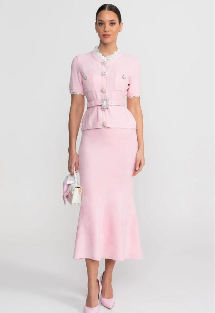 Short Sleeve Co-Ord With Peplum Waist And Crystal Button Belt - Blush Pink