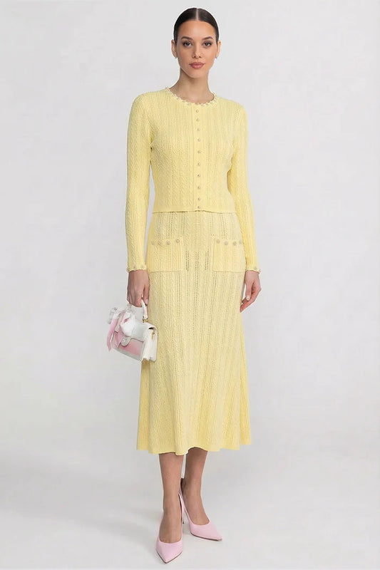 Ribbed Knit Dress and Cardigan Set With Pearl Button Detailing - Yellow