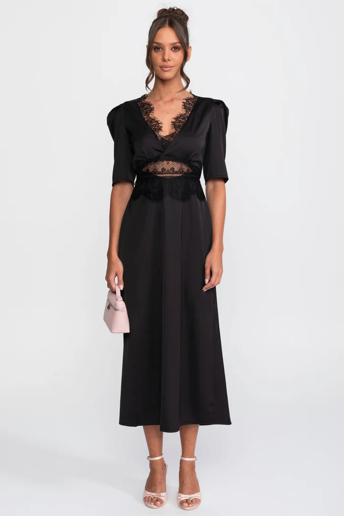 Lace-Trim Polka Dot Midi Dress With Puff Sleeves - Black