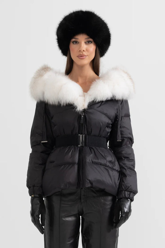 Puffer Jacket With Waistbelt And White Fox Fur-Lined Hood - Black