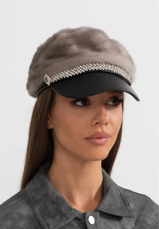 Mink Fur Hat With Leather Visor - Gray