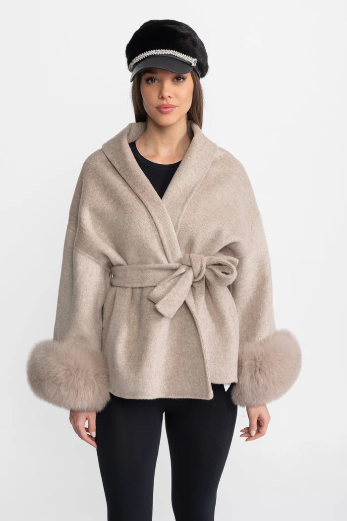 Wool Blend Wrap Jacket with Fox Fur Cuffs – Beige