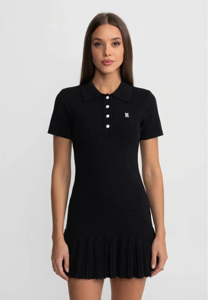 Short Sleeve Polo Mini Dress With Pleated Ruffle Hem - Black
