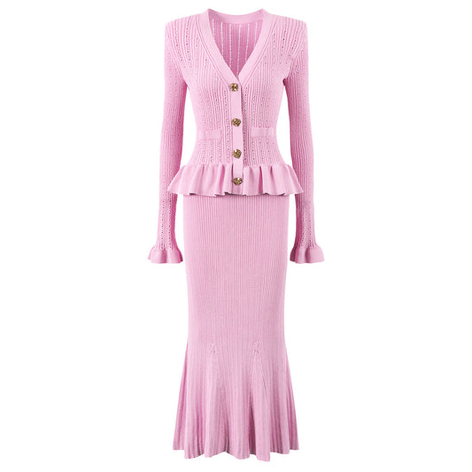 V-Ausschnitt Slim gestricktes langarmes Kleid