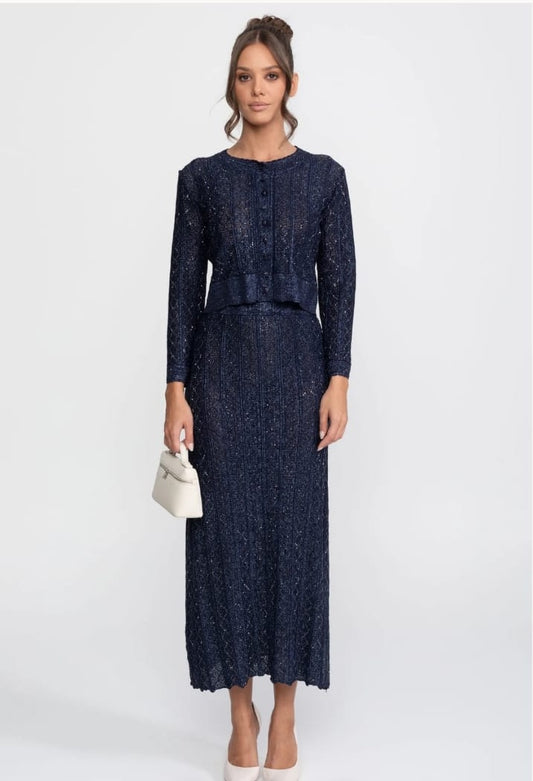 Long-Sleeve Diamond-Pattern Lace Co-Ord Set With Maxi Skirt - Navy