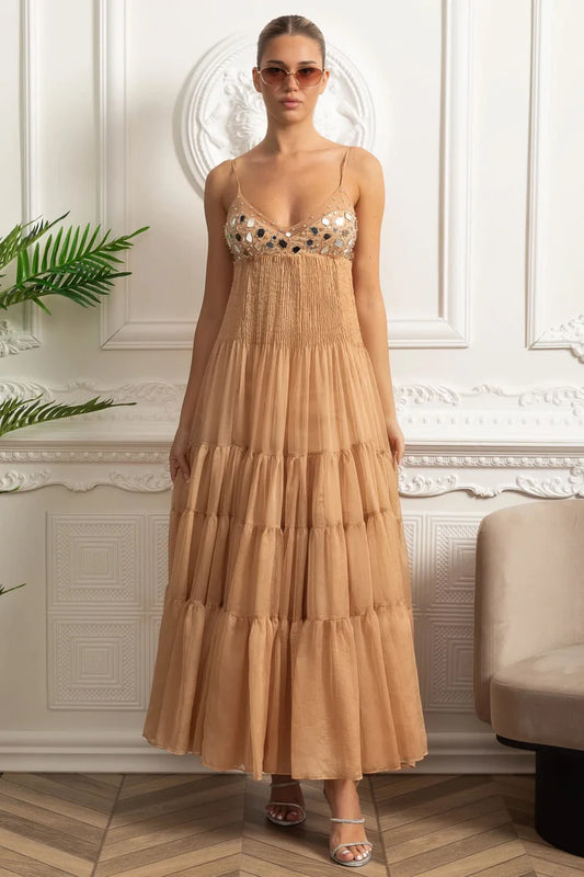 Tiered Maxi Dress with Fitted Bust and Reflective Accents - Beige