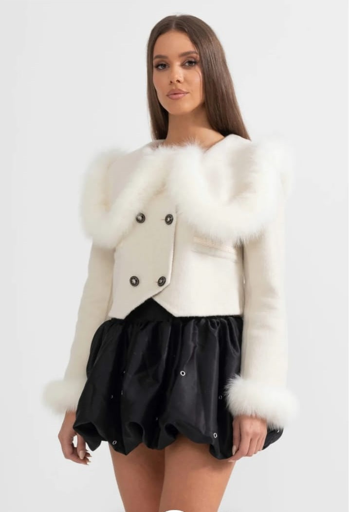 Double Breasted Cropped Jacket With Fur Collar Embellishment - Brown