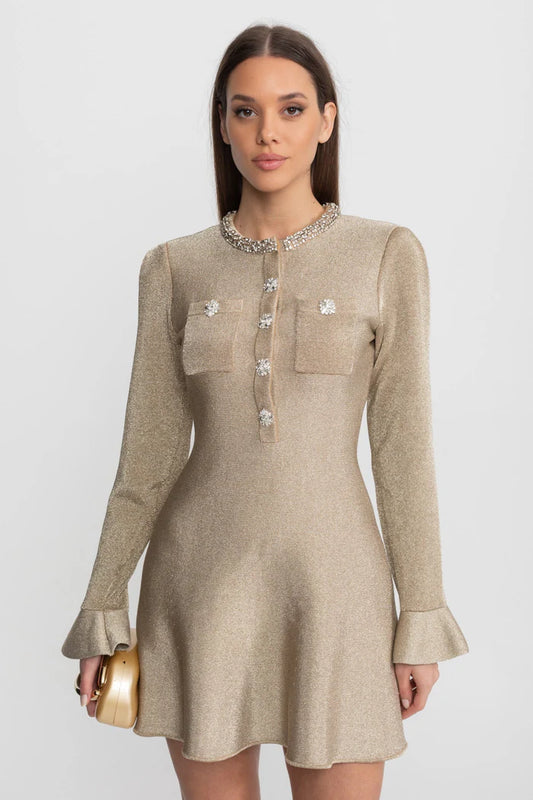 Mini Dress with Crystal Button Embellishments – Champagne