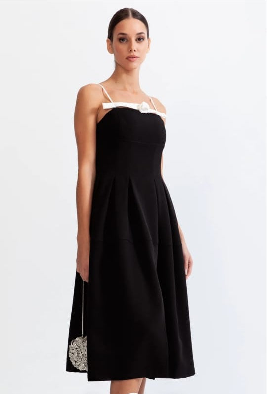 Flower Detail Mid-Calf Dress - Black