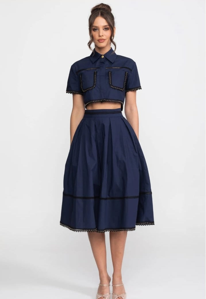 Broderie-Trim Cropped Shirt And Midi Skirt Co-Ord Set - Navy