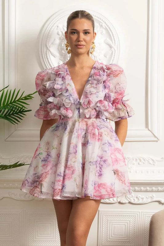 3D Floral Appliqué Puff Sleeve Mini Dress - Pink