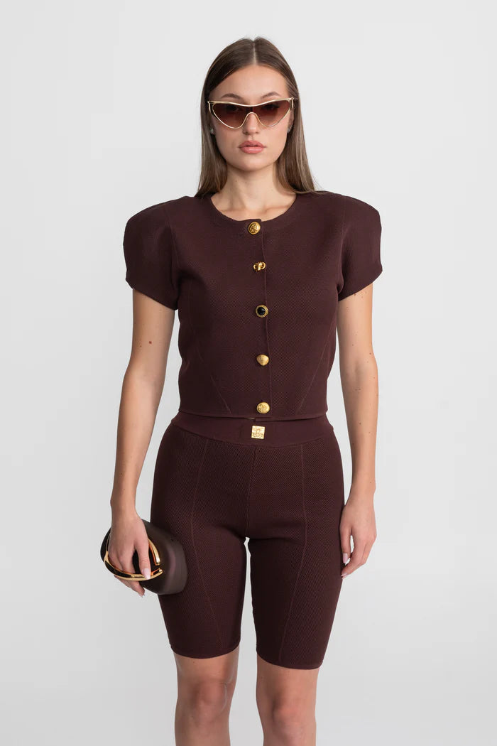 Textured Knit Co-ord Set With Structured Shoulders – Deep Burgundy