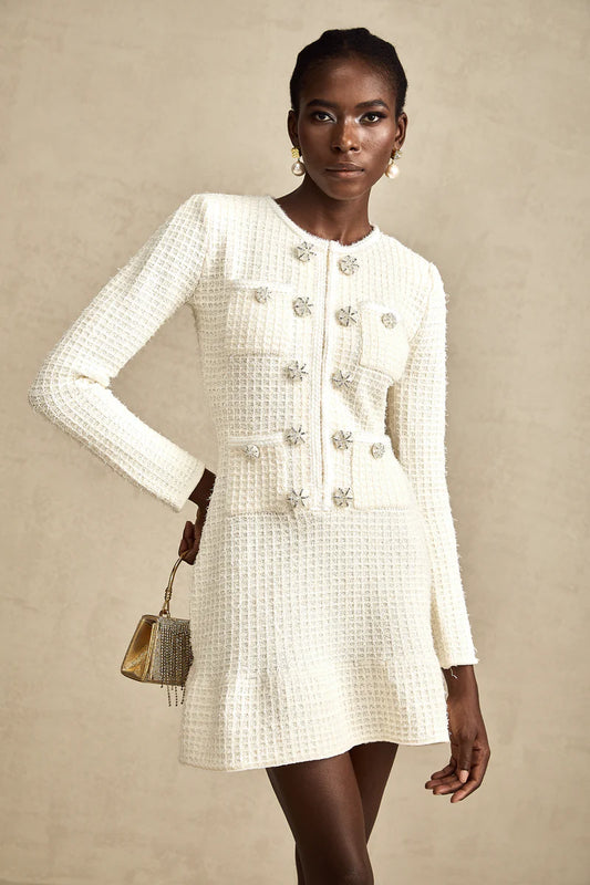 Liane white knitted flared mini dress