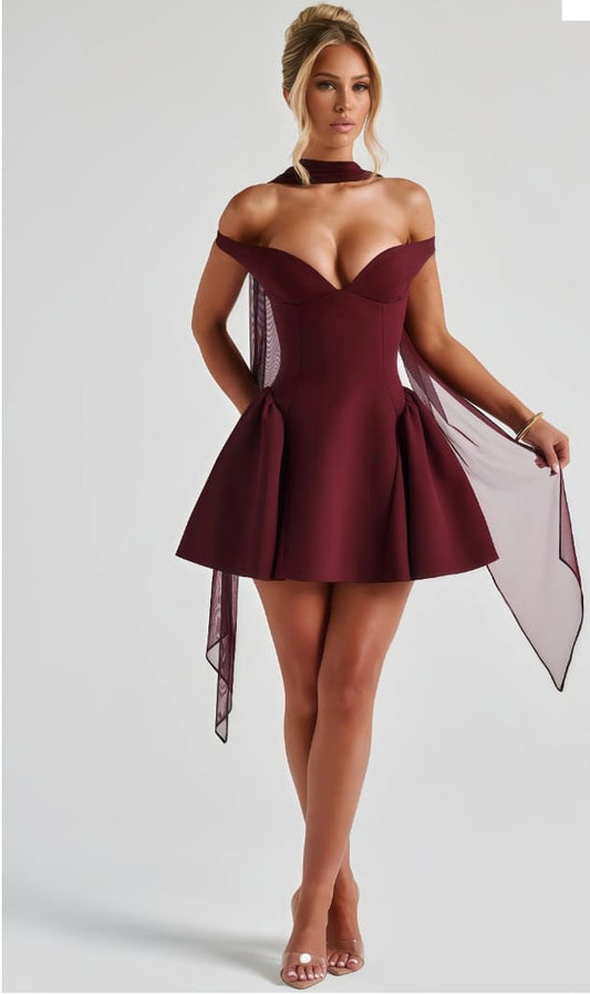Ifig Burgundy V-neck Corset Mini Dress
