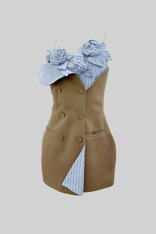 Blazer Mini Dress with Striped Floral Bust Detail - Brown/Blue