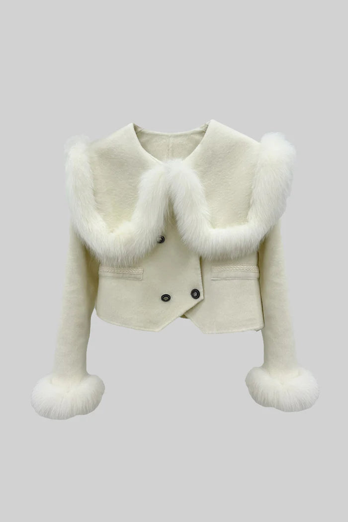 Double Breasted Cropped Jacket With Fur Collar Embellishment - White