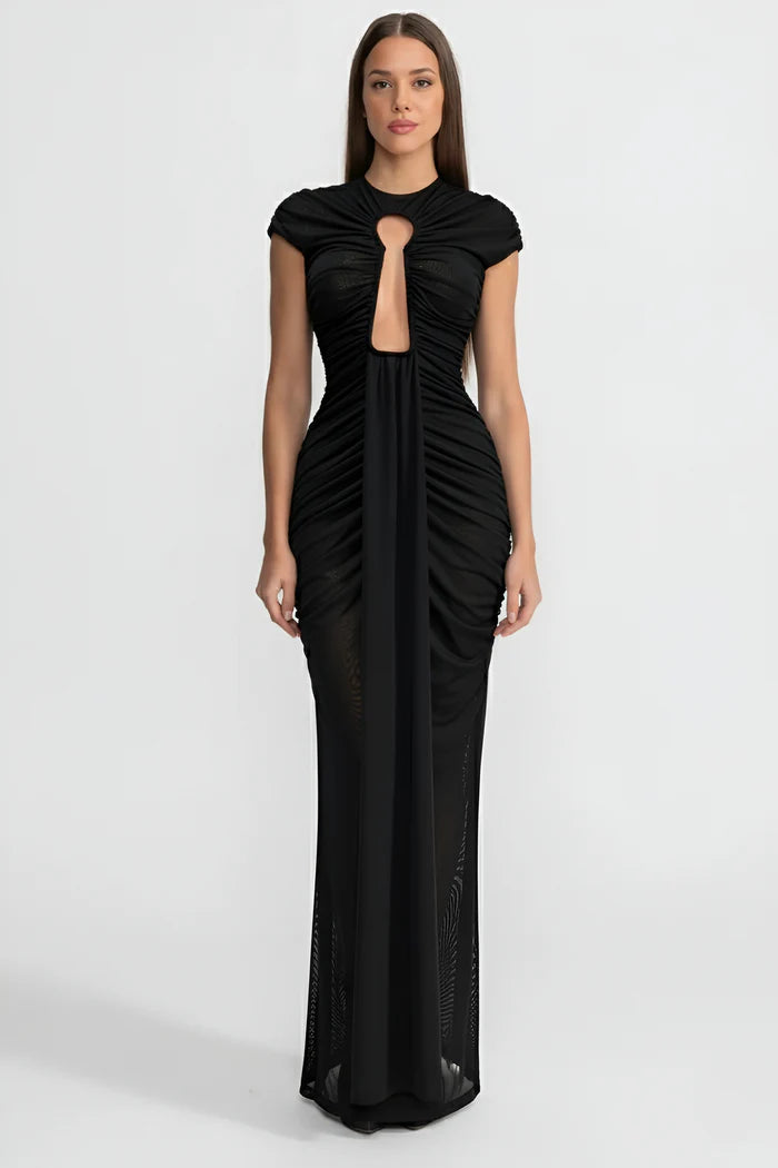 Draped Cut-Out Gown With Gathered Detailing – Black
