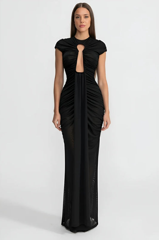 Draped Cut-Out Gown With Gathered Detailing – Black