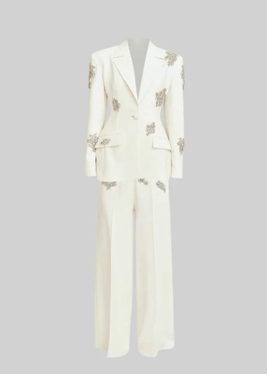 Refined Floral Embellished Pantsuit - White