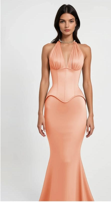 Aurélie Orange Halterneck Mermaid Maxi Dress