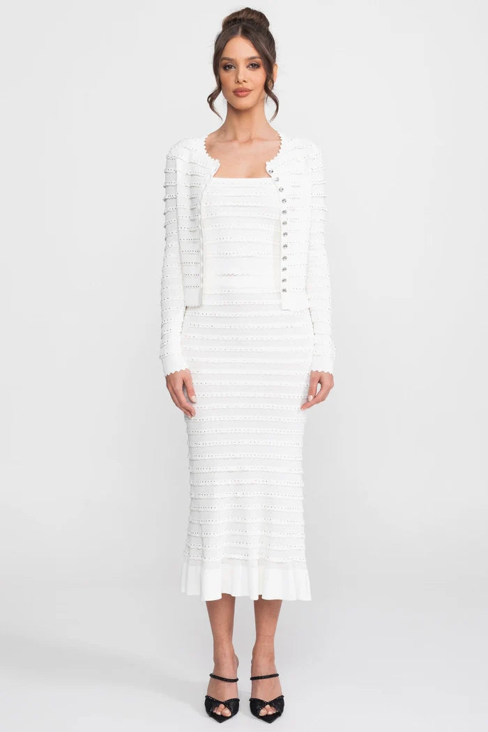 Textured Knit 3 Piece Set With Blazer, Top and Midi Skirt - White
