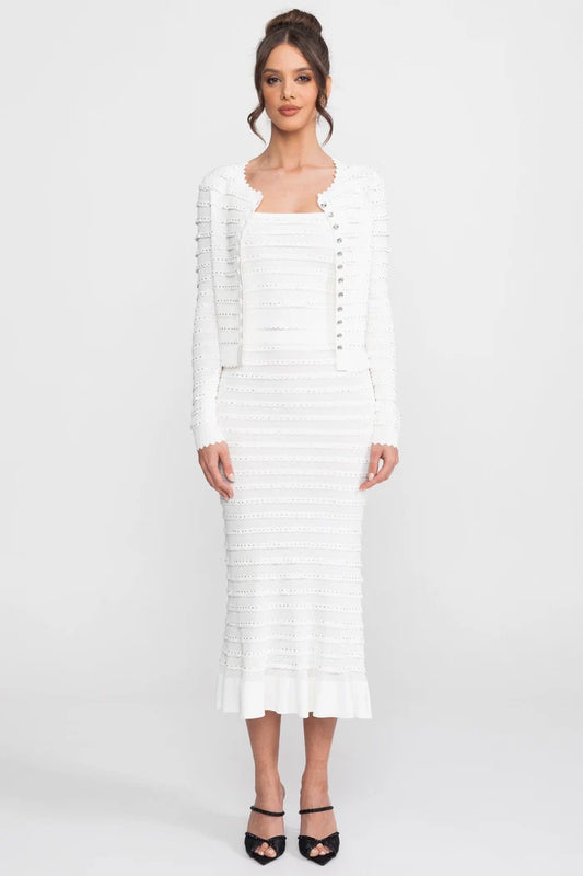 Textured Knit 3 Piece Set With Blazer, Top and Midi Skirt - White