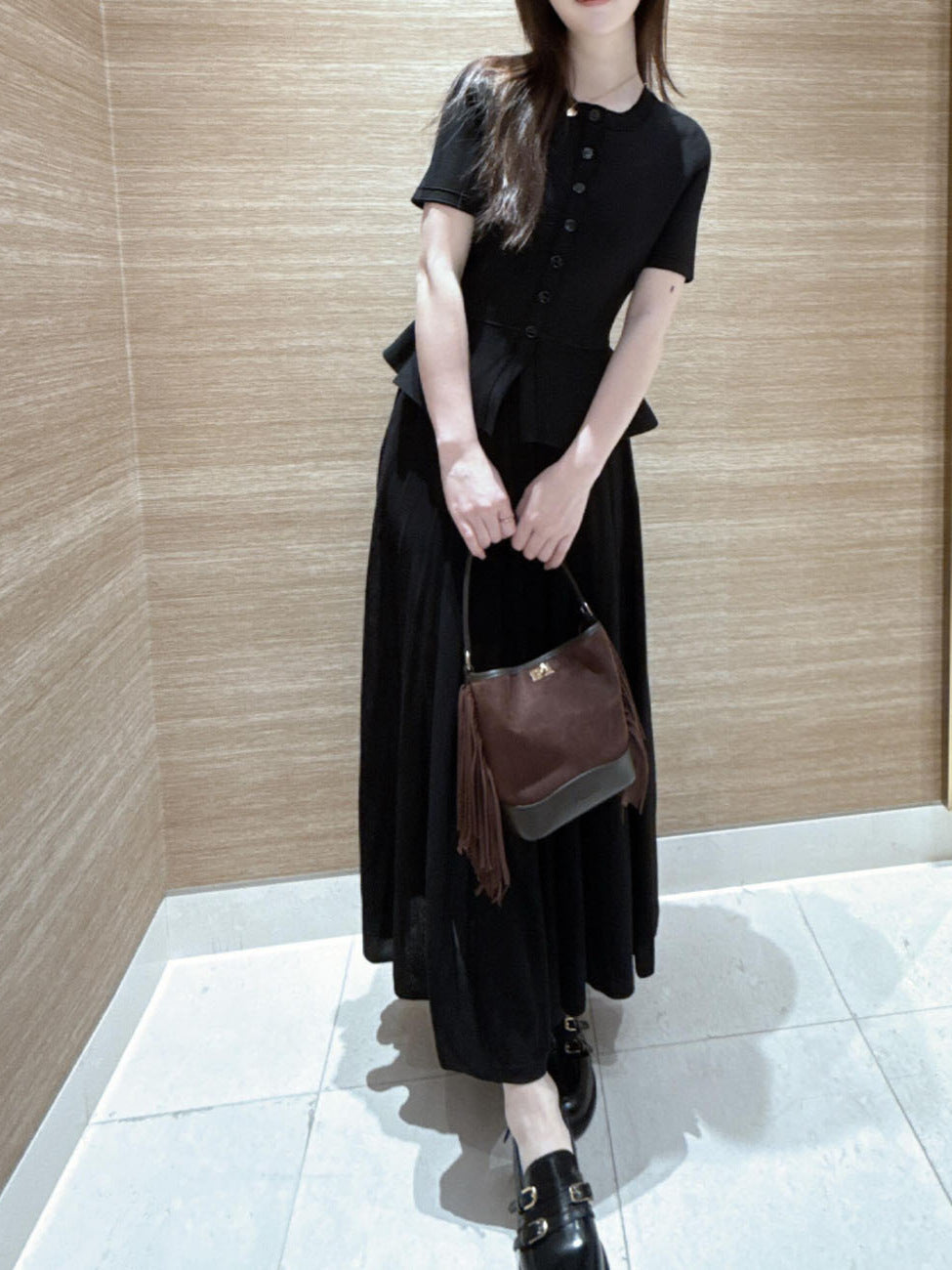 Textured Crew Neck Short Sleeve Ladies Long Dress