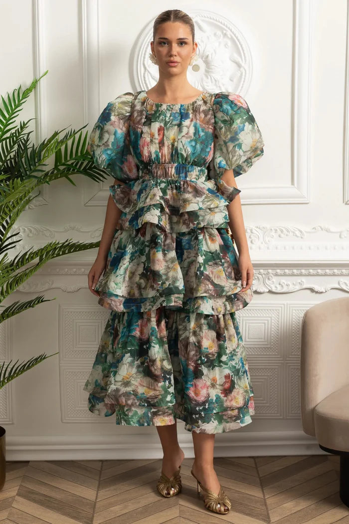 Puff Sleeve Tiered Ruffle Midi Dress - Green