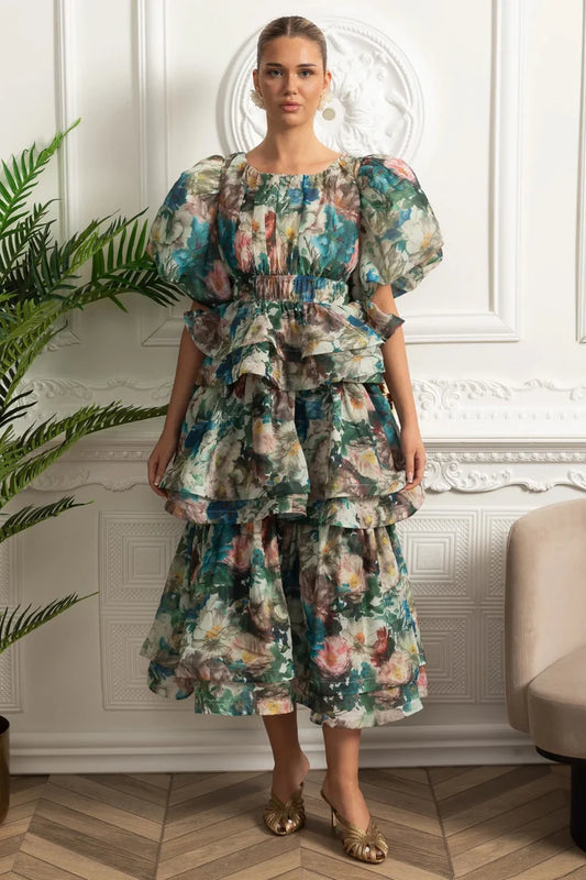 Puff Sleeve Tiered Ruffle Midi Dress - Green