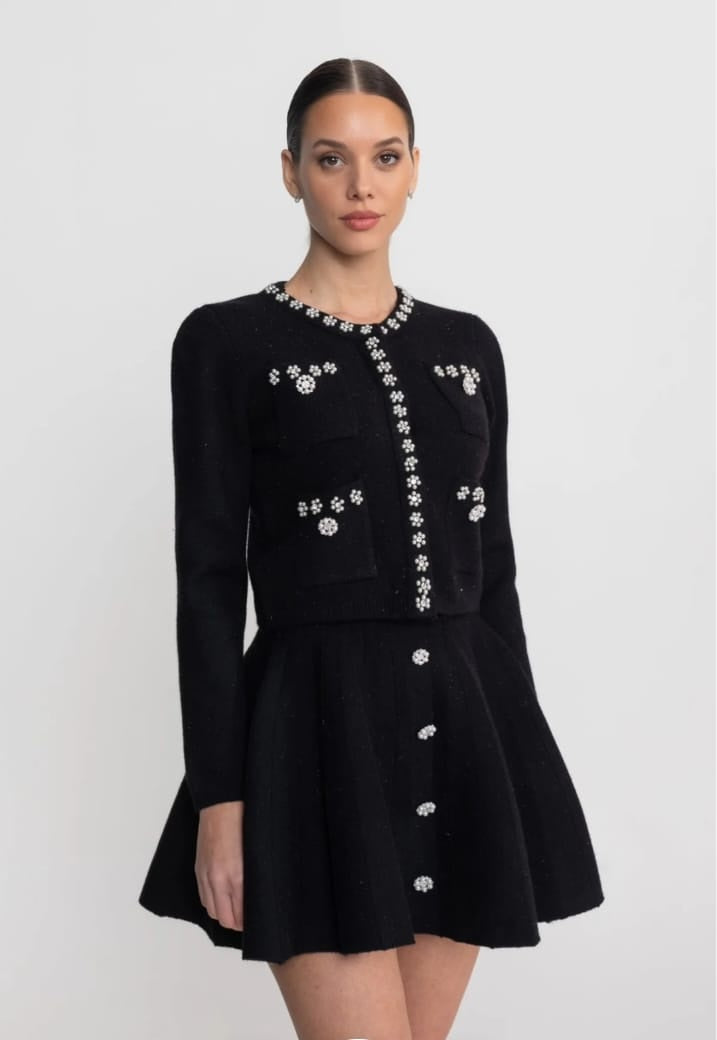 Knit Co-Ord Set With Long Sleeve Cardigan And Matching Mini Skirt - Black
