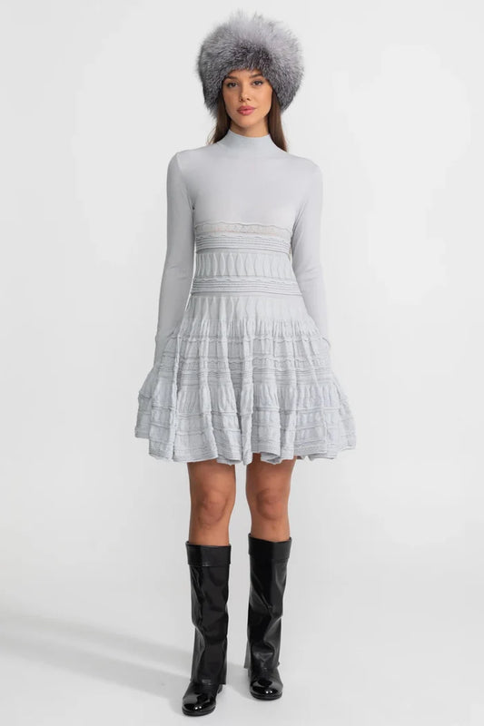 Textured Knit Mini Dress with Flared Skirt - Light Gray