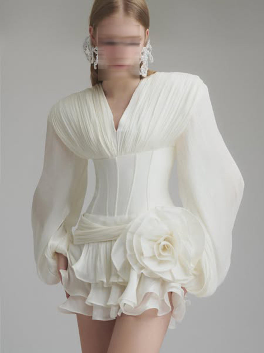 Puff sleeve three-dimensional flower dress