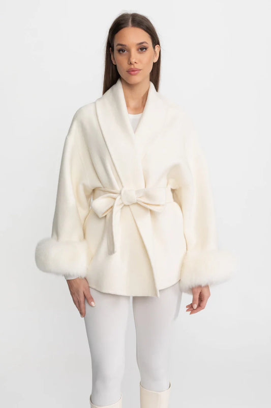 Wool Blend Wrap Jacket with Fox Fur Cuffs - Ivoire
