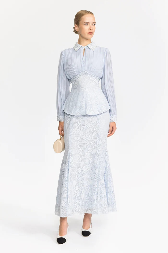 Pleated Chiffon Lace Peplum Blouse and Maxi Skirt Set - Light Blue