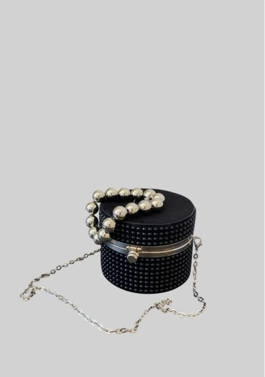 Circular Metallic bag with stones and pearls - Black