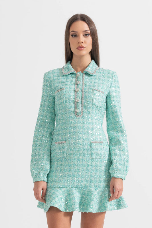 Knitted Dress With Sequin Embellishments - Turquoise