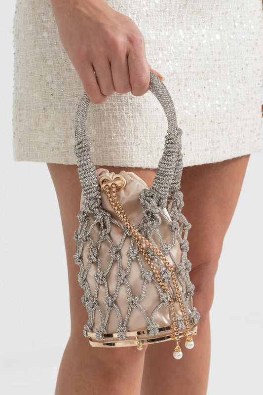 Round Netted Handbag With Beige Satin Drawstring Pouch - Silver