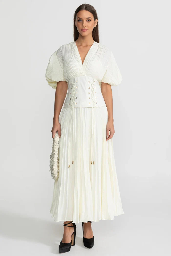 Pleated Maxi Dress with Corset Waist Detail - Ivoire